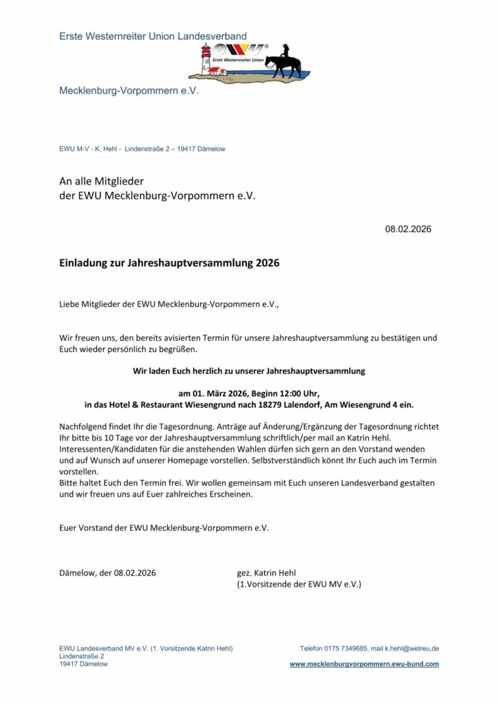 Jahreshauptversammlung 2026 @ Hotel „Im Wiesengrund“ 18279 Lalendorf